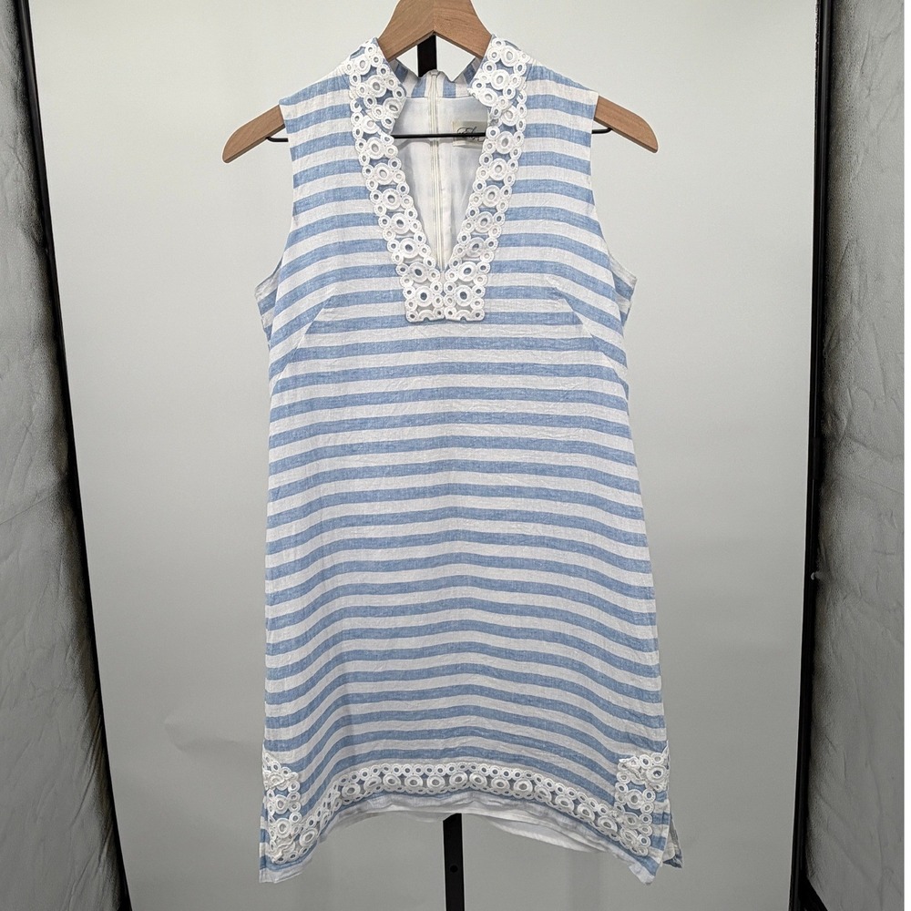 Eliza J Eyelet Trim Striped Linen Blend Shift Dress Blue White Size 2